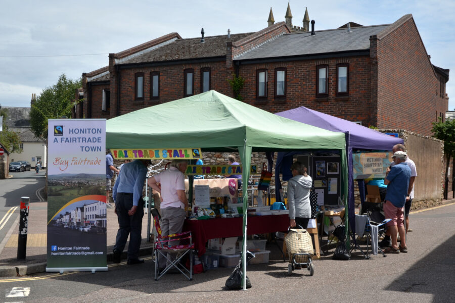 The Honiton Fairtrade stall on Northcote Lane at Honiton Market Charter Day 2025